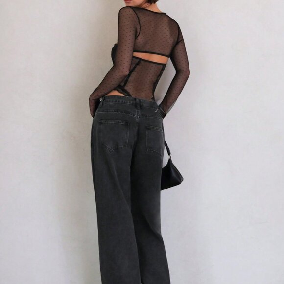 Black Casual Women's Spaghetti Strap Lace Patchwork Corset Bodysuit - Picture 5 of 7